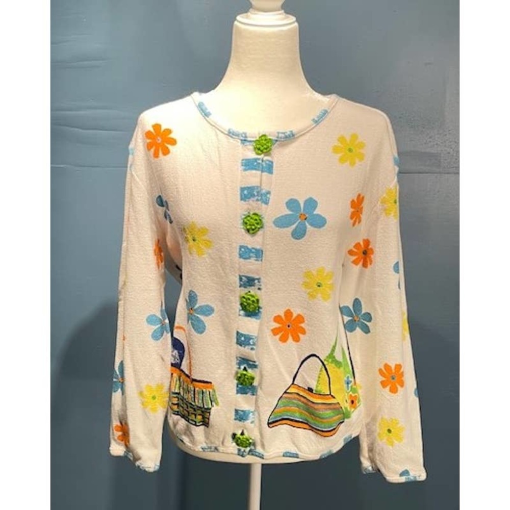 Onque Casuals Size Large Vintage White‎ Sweater Colorful Flower & Purse Design